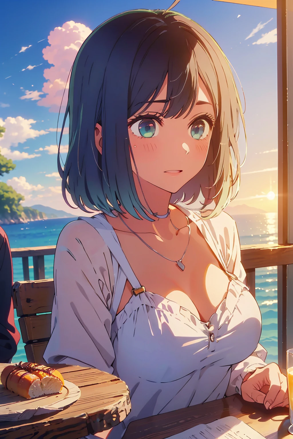 (Highest quality:1.4、masterpiece:1.4、Super detailed:1.4、8K:1.4)、Slim body、((((1 person、Surprised expression、sit、Outdoor café terrace、coastal、juice、table、Sandy Beach、bikini、juiceのグラスを持つ、Big eyes、Shallow depth of field、Very cute face))))、((sunset、Sunset))、bikiniサイズは小さい、F cup bust、Big Breasts、Get up close and take a photo