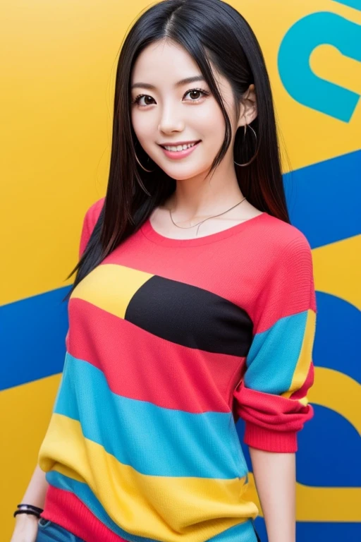A beautiful Japanese woman in her mid-20s with long, straight, black hair and large, captivating eyes. She has a bright, charming smile and a youthful, energetic appearance. She is dressed in a stylish, modern outfit and is posed against a vibrant, dynamic background. The lighting is lively, highlighting her spirited and vivacious personality.