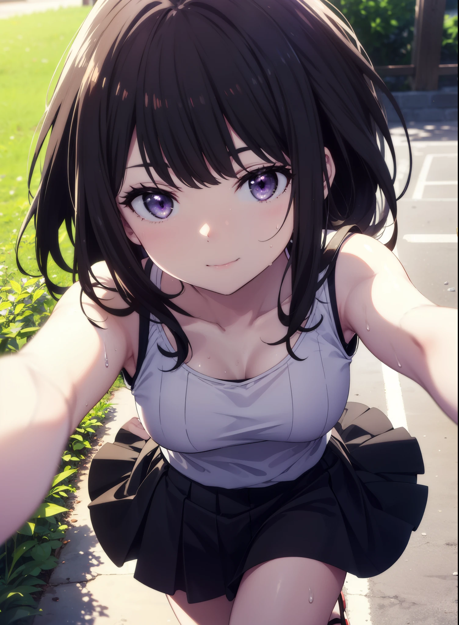 Takiuchikami, Check it out, Long Hair, bangs, Black Hair, (Purple eyes:1.2),happy smile, smile, Close your mouth,Sweat,White Tank Top,Checked skirt, Cute Sandals,Walking,Daytime,Clear skies,whole bodyがイラストに入るように,
break outdoors, countryside,
break looking at viewer, whole body,
break (masterpiece:1.2), Highest quality, High resolution, unity 8k wallpaper, (figure:0.8), (Beautiful attention to detail:1.6), Highly detailed face, Perfect lighting, Highly detailed CG, (Perfect hands, Perfect Anatomy),