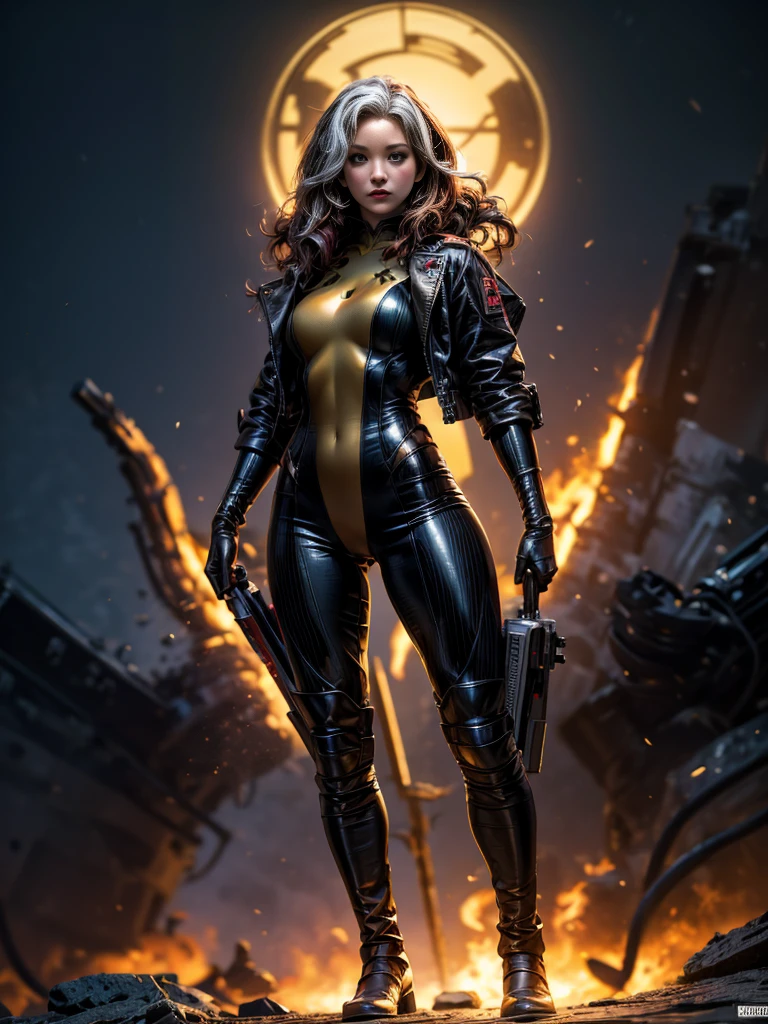 Jennifer Lawrence、masterpiece、High quality 4K、villain (X-Men)、Gothic Girl、Sculpted Body Gothic Makeup、Black jacket、Red and blue bodysuit、masterpiece、Highest quality、Cowboy Shots、One personの女の子、One person、Technology Military Bodysuit、fringe