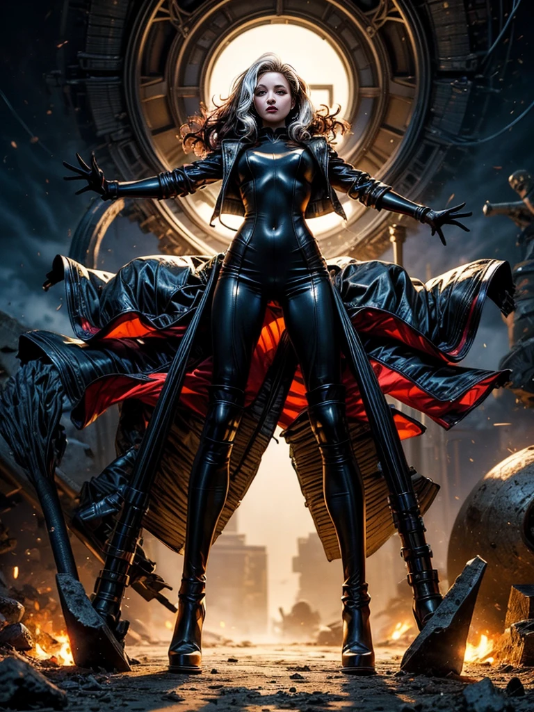 Jennifer Lawrence、masterpiece、High quality 4K、villain (X-Men)、Gothic Girl、Sculpted Body Gothic Makeup、Black jacket、Red and blue bodysuit、masterpiece、Highest quality、Cowboy Shots、One personの女の子、One person、Technology Military Bodysuit、fringe