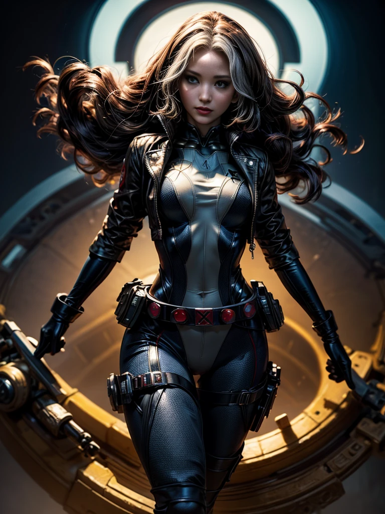 Jennifer Lawrence、masterpiece、High quality 4K、villain (X-Men)、Gothic Girl、Sculpted Body Gothic Makeup、Black jacket、Red and blue bodysuit、masterpiece、Highest quality、Cowboy Shots、One personの女の子、One person、Technology Military Bodysuit、fringe