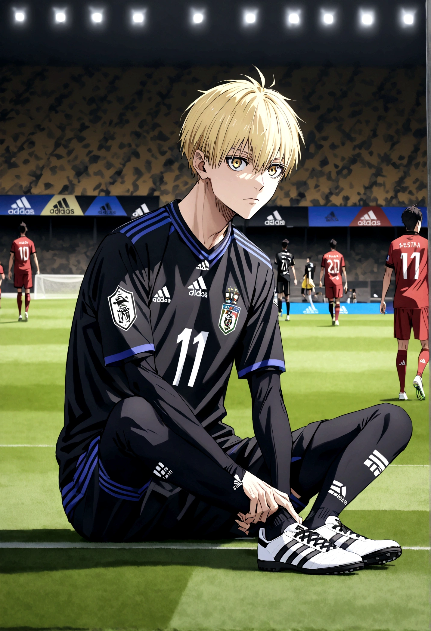 Anime boy with long yellow hair, Your eyes are lion&#39;s eyes, Wearing the Iraq national team shirt from Adidas, Sitting on a football in the center of Camp Nou.