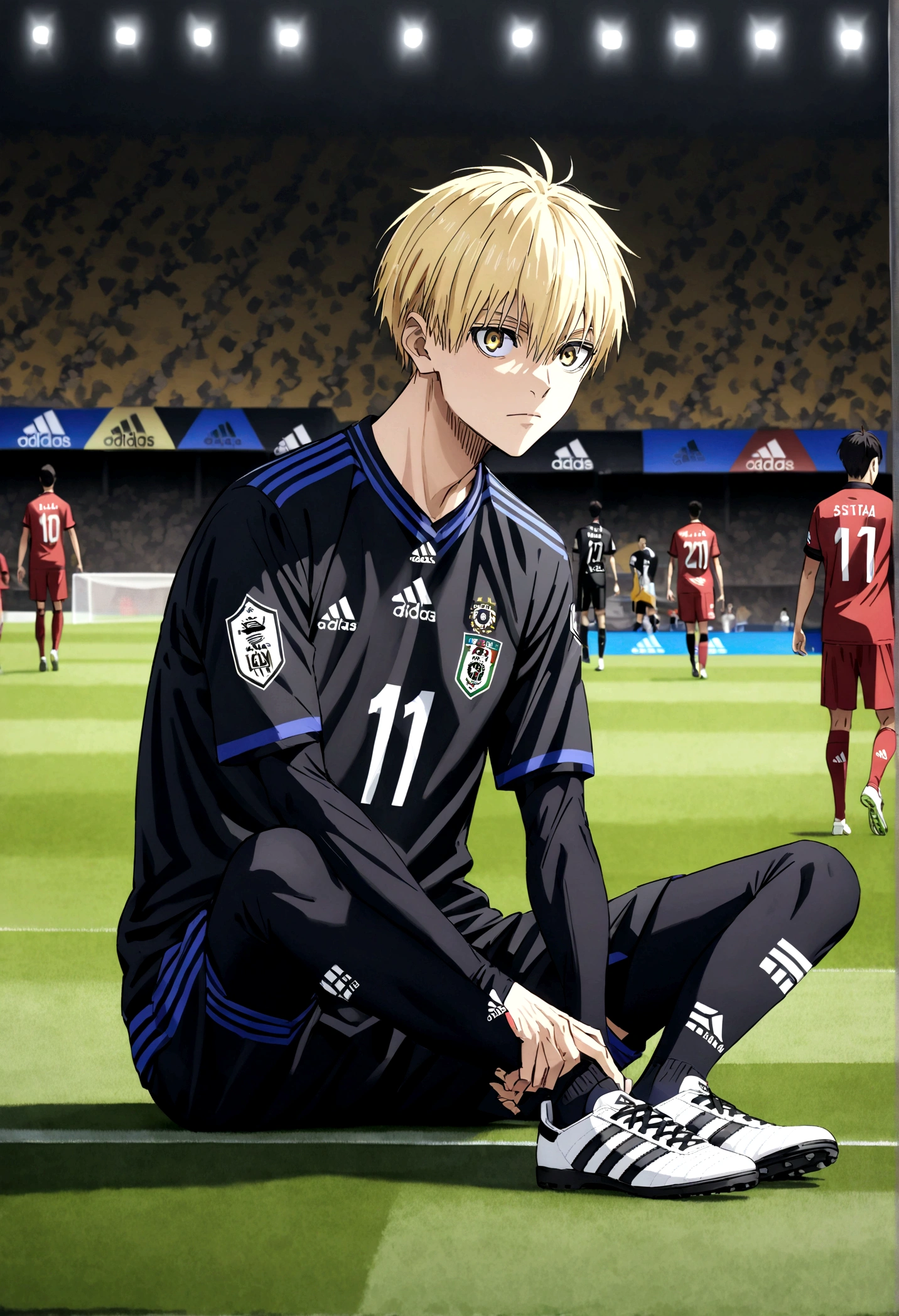 Anime boy with long yellow hair, Your eyes are lion's eyes, Wearing the Iraq national team shirt from Adidas, Sitting on a football in the center of Camp Nou.