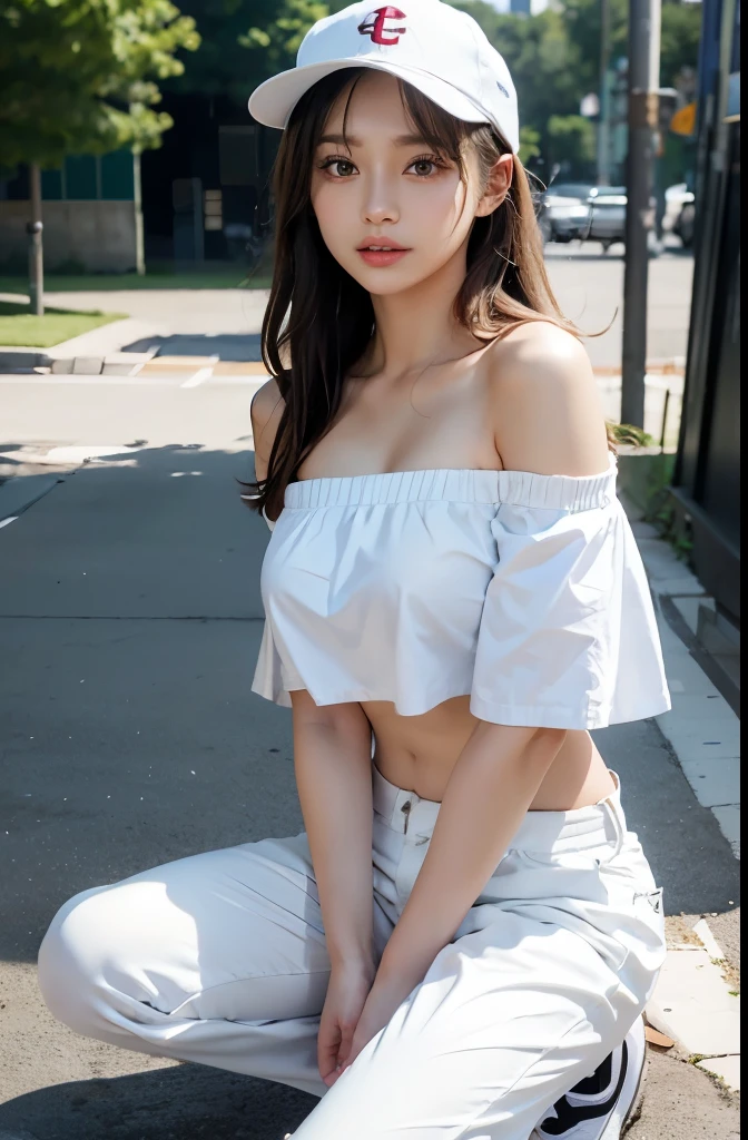 (hyperrealistic), (illustration), (high resolution), (8K), (extremely detailed), (best illustration), (beautiful detailed eyes), (best quality), (super detailed), (masterpiece), (wallpaper), (detailed face), solo, (dynamic pose), 1girl, white off-the-shoulder shirt with sexy super short yoga pants, bare shoulders, blooming flower field, glowing skin, light smile, camel toe, (no panties), (no bra)