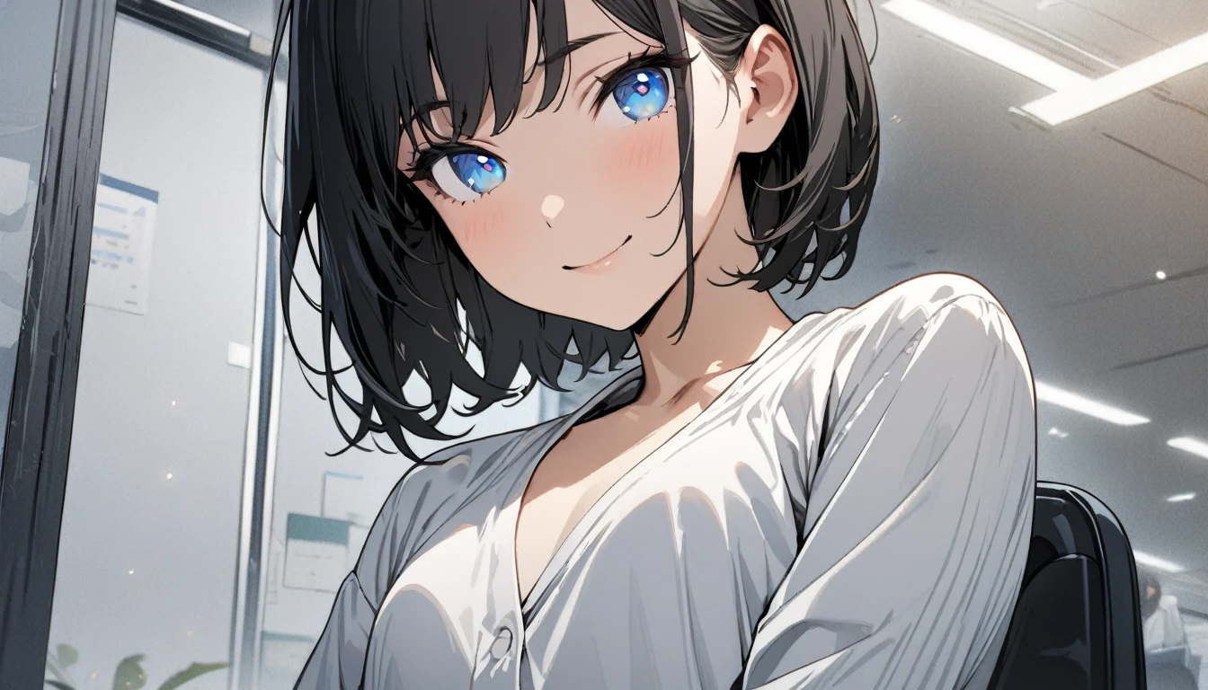 1girl, solo, gentle smile on her face flat chest, short hair, blue eyes, (detailed eyes), black hair, upper body, ((masterpiece, illustration, best quality)) ((best quality)), ((masterpiece)), (detailed), perfect face, Office lady, black hair, short hair, office suit, ultra high resolution, ultra high details