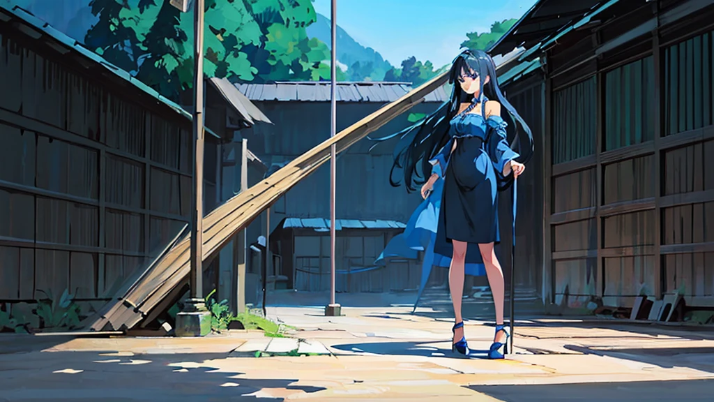 4k ultra high quality, human woman, sharp blue eyes, round face, small slightly upturned nose, curious expression, very long curly blue-black hair, wearing modest blue dress, black high heel shoes, standing