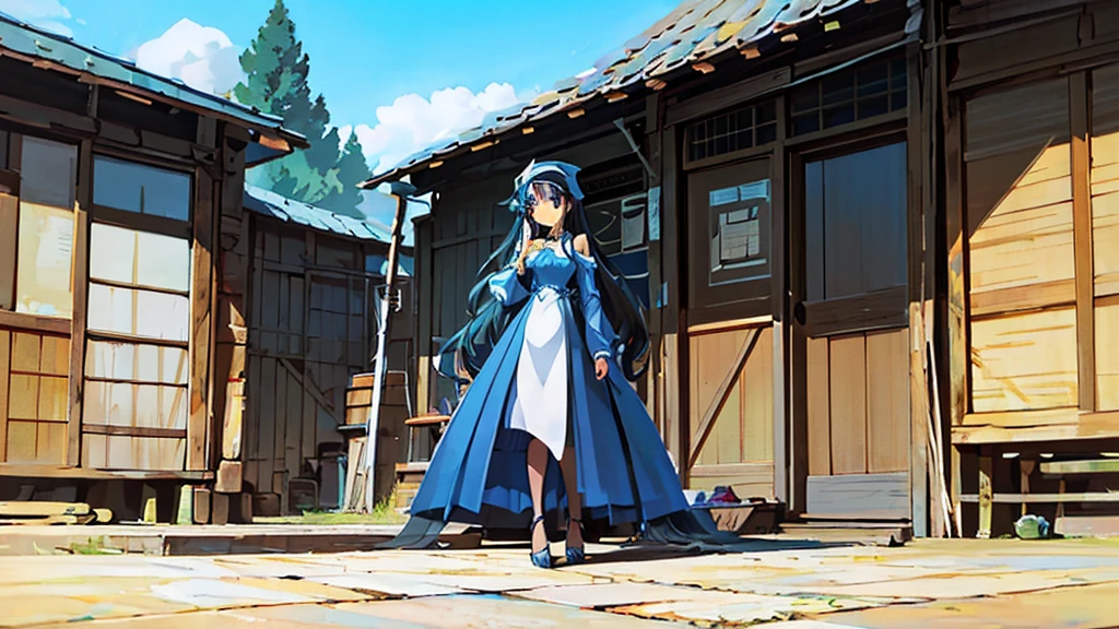4k ultra high quality, human woman, sharp blue eyes, round face, small slightly upturned nose, curious expression, very long curly blue-black hair, wearing modest blue dress, black high heel shoes, standing