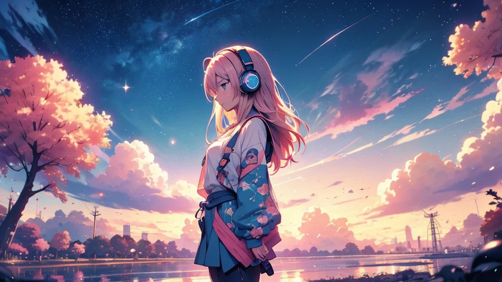 Woman wearing headphones, Anime Style 4 k, anime wallpaper 4k, anime wallpaper 4k, 4k anime wallpaper, anime art wallpaper 4k, anime art wallpaper 4k, Anime Style. 8K, Anime atmosphere, , Ultra HD Anime Wallpaper, Anime Art Wallpaper 8K, Anime Background,landscape、summer、Starry Sky