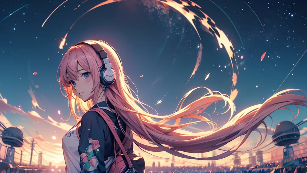 Woman wearing headphones, Anime Style 4 k, anime wallpaper 4k, anime wallpaper 4k, 4k anime wallpaper, anime art wallpaper 4k, anime art wallpaper 4k, Anime Style. 8K, Anime atmosphere, , Ultra HD Anime Wallpaper, Anime Art Wallpaper 8K, Anime Background,landscape、summer、Starry Sky