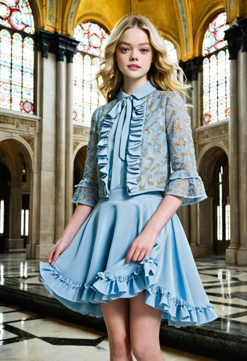 Blonde , Elle Fanning mix of Lindsay Ellingson mix of Mackenzie Foy (amazingly beautiful supermodel girl portrait:1.4), (very long legs), small ears, cinematic sensual, (light blonde hair), (light blue eyes), (fair skin), professional portrait of beautiful young blonde , cloak, collar, puffy sleeves, ruffle miniskirt, ballet skirt, stiletto pumps, (partying), sheer clothing, transparent clothing, napoleonic clothing, (art deco), gold filigree, ornate, pronounced feminine feature, perfect skin, (Elven Architecture), (high ceiling), palace, water, stained glass, marble, (spacious), (majestic), (feast), Rivendell, Gondolin, Venetian golden age, intricate, complex, (many young girls playing), spectacular lighting,  camren bicondova belle delphine Meika Woolard