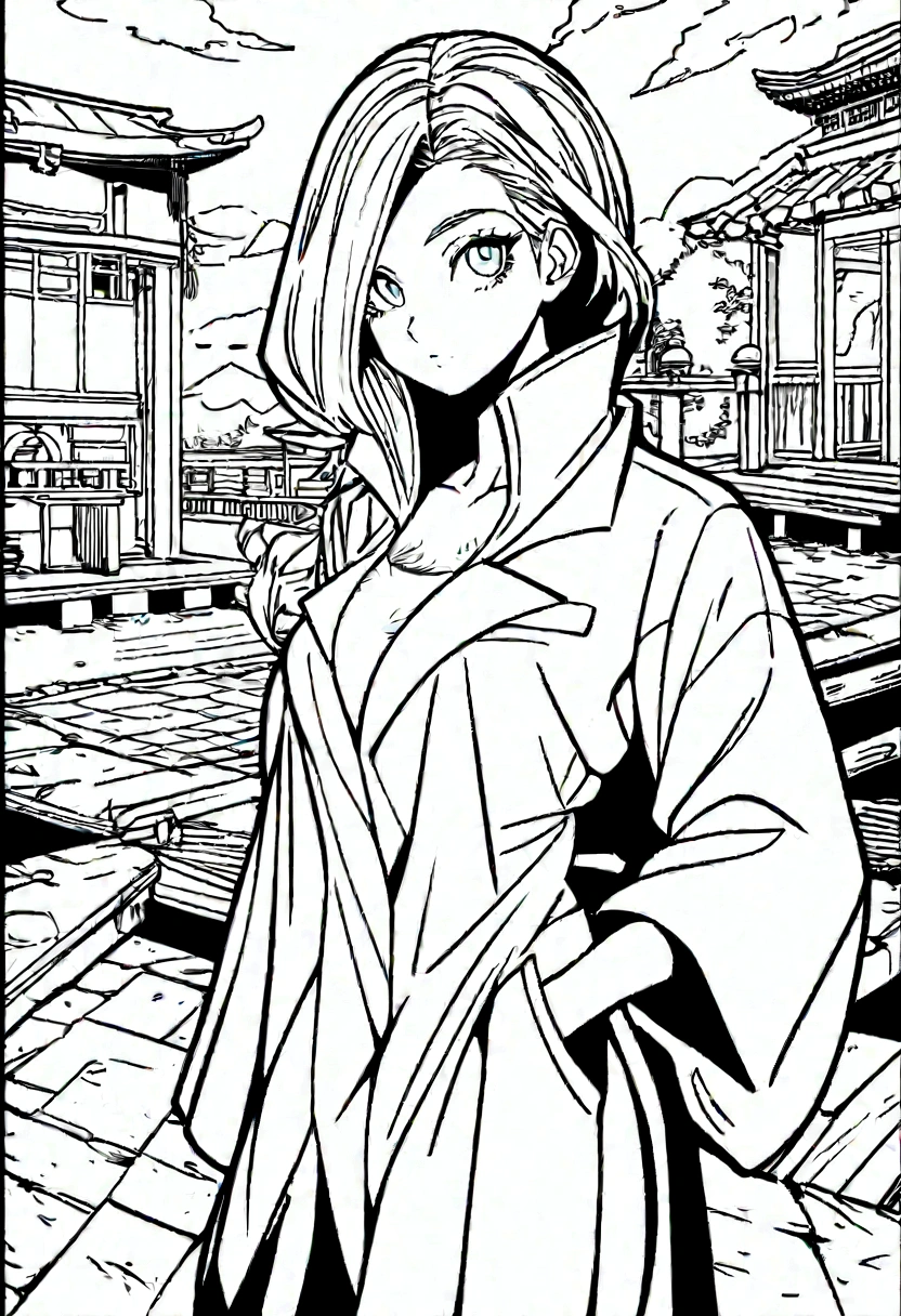 create a 1 girl, body hair, (eye white), roupa akatsuki, ninja, layer, labcoat, high collar, clavicle, Head, plein-air, parte do coque de body hair, body hair, body hair longo, 2d render style, no back ground, line art to color, cool coloring pages, coloring book art, coloring book page style vector lines, 8K