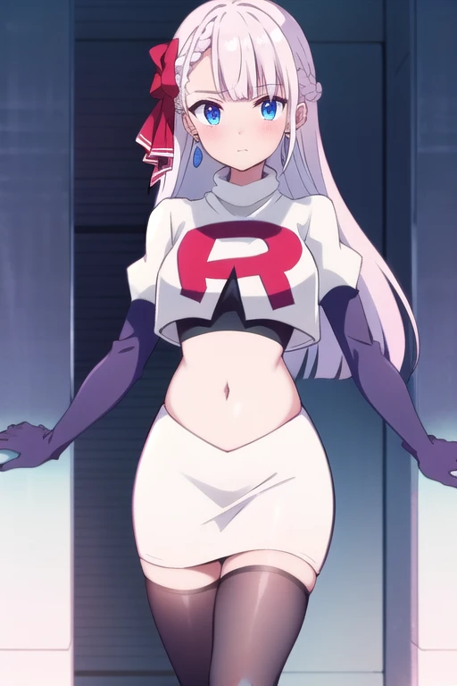 riselia,1girl,solo,braid,earrings,looking at viewer,blue eyes,bangs,ribbon,red ribbon,braided bangs,blush,team rocket,team rocket uniform,white skirt,red letter R,crop top,black thigh-highs,black elbow gloves