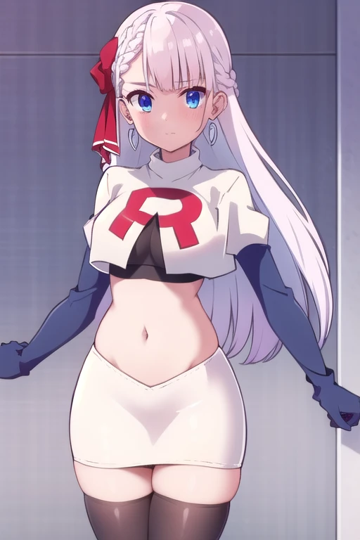 riselia,1girl,solo,braid,earrings,looking at viewer,blue eyes,bangs,ribbon,red ribbon,braided bangs,blush,team rocket,team rocket uniform,white skirt,red letter R,crop top,black thigh-highs,black elbow gloves