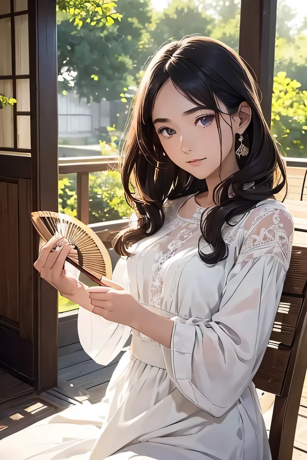 Highest quality、High resolution、Detailed Background、(Beautiful face in every detail:1.4)、Anatomically correct、Detailed facial expressions、(Detailed eyes)、age beauty、(Highly detailed face:1.1)、Cute hair colour、Cute hairstyle、well-groomed eyebrows、Perfect body line、
A house at dusk、Sit on the porch、The breeze outside is pleasant、Feeling cool with a fan、The sound of a fan spinning、I can hear it through the screen door、Summer twilight time、Relax and unwind、sit on the veranda、Take a slow, deep breath、The light of the day is fading、A comfortable time、The breeze outside is pleasant、A breather、A relaxing evening、Enjoy a summer moment