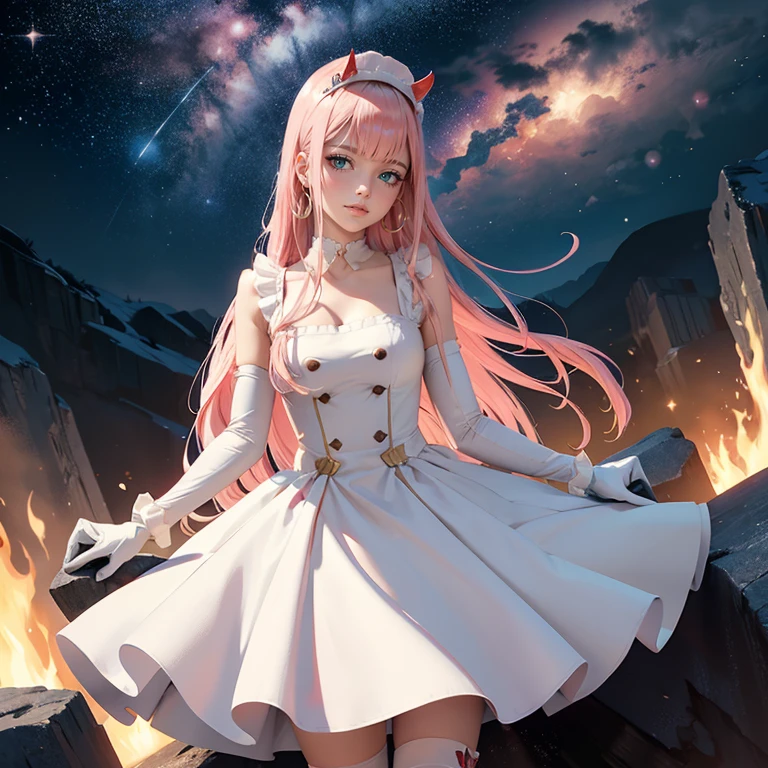 1girl, white maid dress, jewelry, pink hair, two red horns, flowing hair, long hair, maid dress with a short skirt and layers, white laces, white boots, white dress with transparency, gold details on her clothes, cat ears, animal ears,  more details, perfectly body, perfectly hands, two hands, two legs, two arms, five fingers, glowing hair, best quality, cat ears, animal ears, tail ornament, tail bow, white gloves, two cat tail, white gloves, alone, maid headdress, choker, detached sleeves, maid dress, maid white dress, strapless, masterpeice, best quality, detailed face, night, asymmetrical gloves, bangs, white short skirt , white gloves, white boots, earrings, elbow gloves, fishnet thighhighs, fishmasterpeice, solo, best quality, detailed face, gloves, hair between eyes, jewelry, long hair, looking at viewer, single earring, sky, sleeveless, solo, thigh boots, thighhighs, tongue, tongue out, uneven gloves, cat ears, animal ears, cat tail, , solo, alone, Looking at the viewer, More details on the clothes, magenta roses on her hair, space scenery, maid, maid dress, magenta details, magenta roses, maid headdress, maid apron, wave hair, long hair, seat on the Saturn rings, bats details on her clothes, more details on her clothes, gold details on her clothes, space, smiling, standing her hand to a viewer, looking at the viewer, in the background a several asteroids glowing with fiery auras, Dramatic lighting from distant stars and planets illuminates the scene, looking at the vast and mysterious universe, cowboy shot, upper body portrait, more details, sparkle,