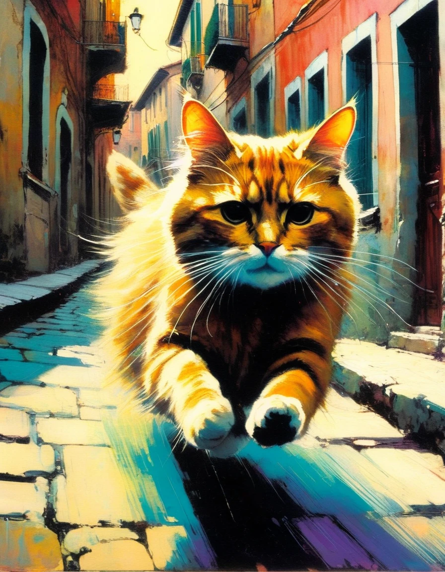 a cat runs through the streets of a typical charming Italian town (art inspired by Bill Sienkiewicz). oil painting) 
