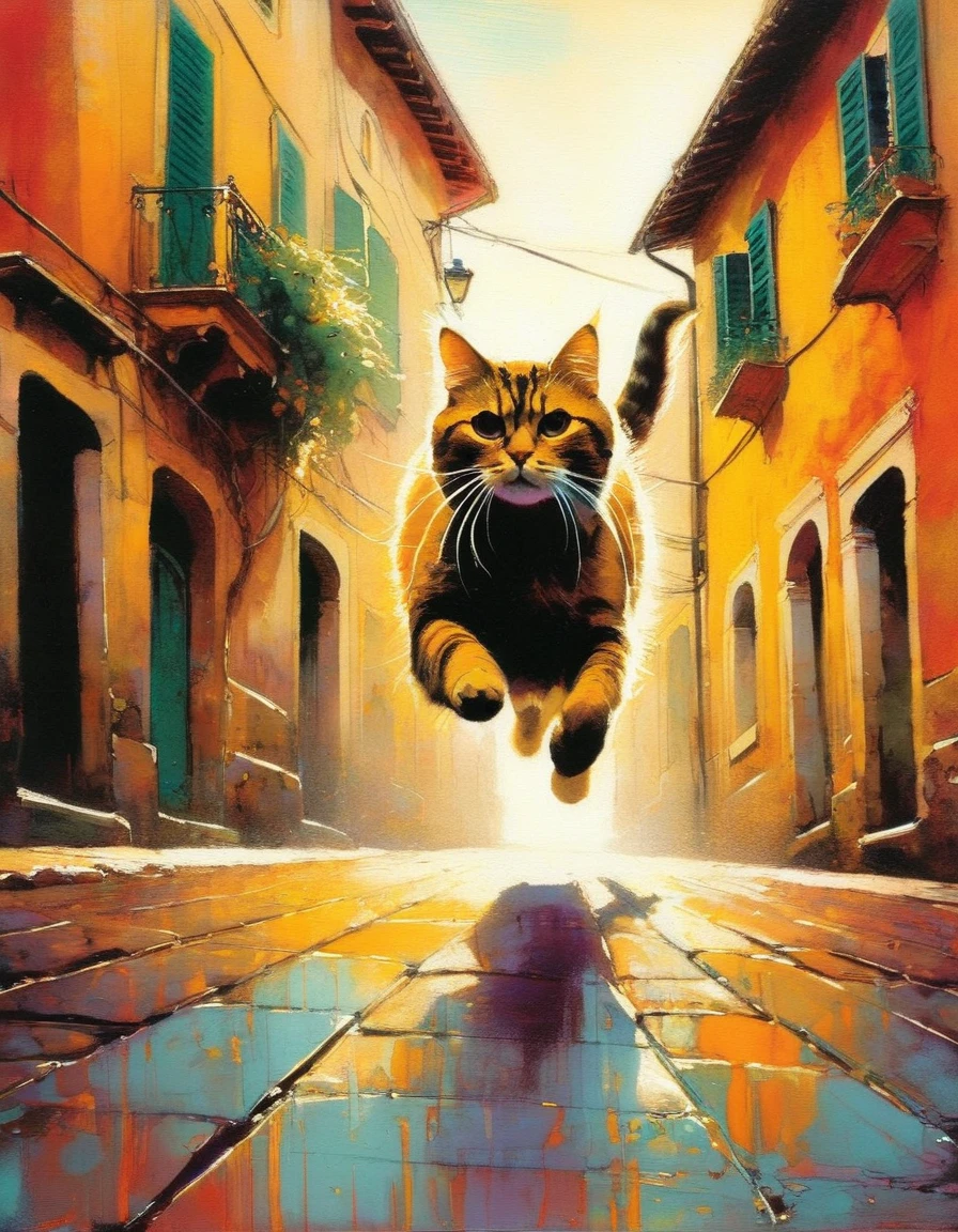 a cat runs through the streets of a typical charming Italian town (art inspired by Bill Sienkiewicz). oil painting)