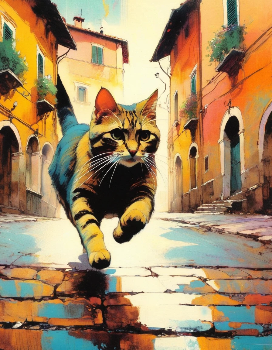 a cat runs through the streets of a typical charming Italian town (art inspired by Bill Sienkiewicz). oil painting) 
