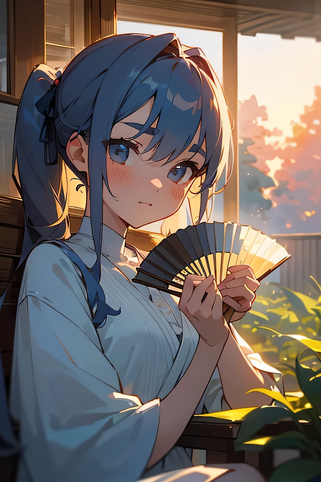 Highest quality、High resolution、Detailed Background、(Beautiful face in every detail:1.4)、Anatomically correct、Detailed facial expressions、(Detailed eyes)、age beauty、(Highly detailed face:1.1)、Cute hair colour、Cute hairstyle、well-groomed eyebrows、Perfect body line、
A house at dusk、Sit on the porch、The breeze outside is pleasant、Feeling cool with a fan、The sound of a fan spinning、I can hear it through the screen door、Summer twilight time、Relax and unwind、sit on the veranda、Take a slow, deep breath、The light of the day is fading、A comfortable time、The breeze outside is pleasant、A breather、A relaxing evening、Enjoy a summer moment