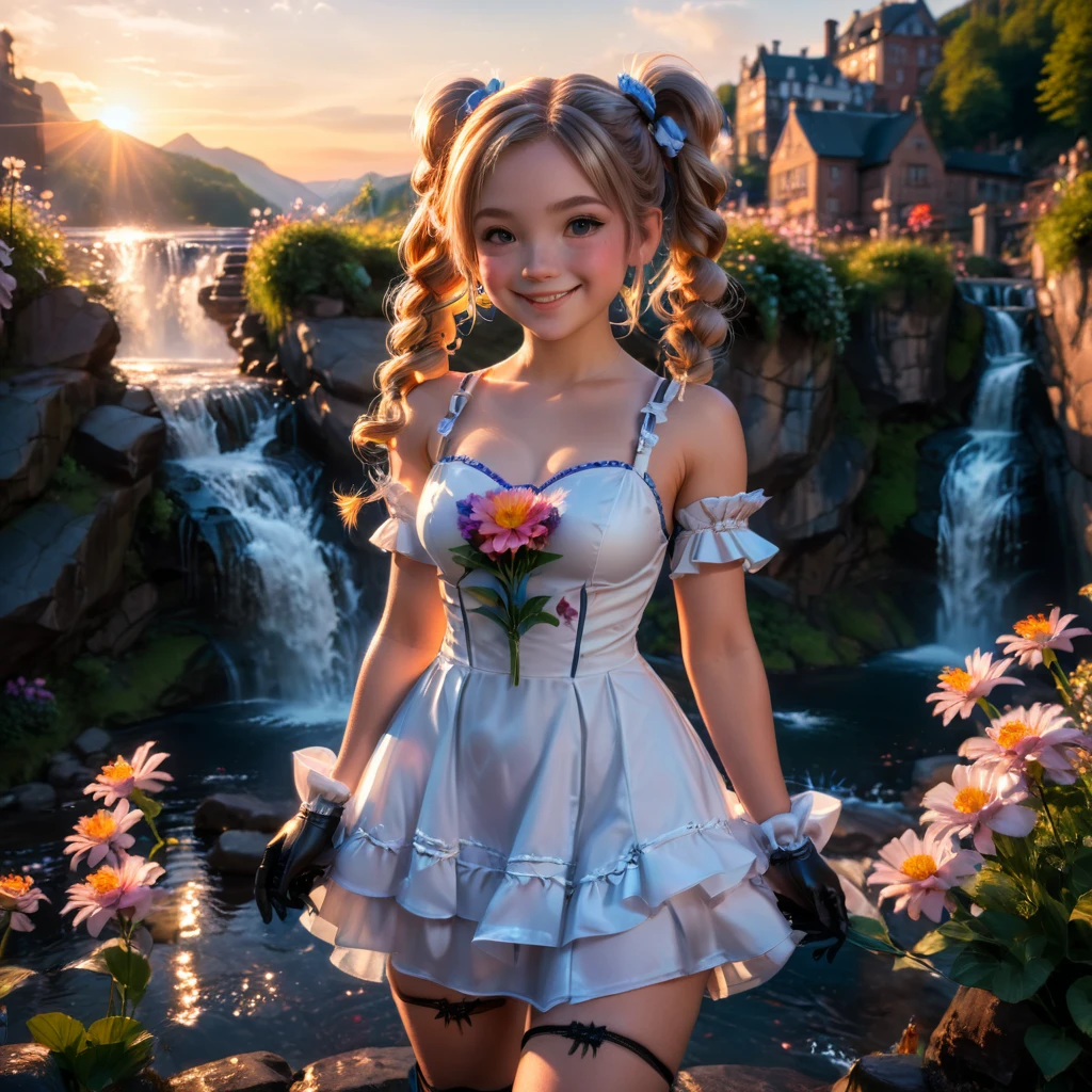 a lady,double pigtails,smile,dress,gloves,perfect ,standing,innocent,flower,waterfall,sunset,cinematic lighting,(masterpiece,8k,Professional,perfect composition,very aesthetic,absurdres,ultra-detailed,intricate details:1.4),perfect proportion