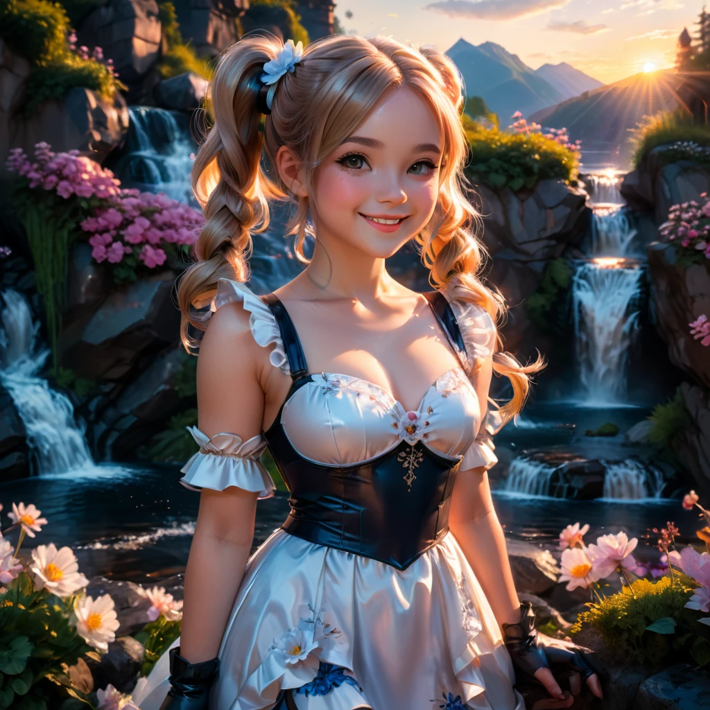 a lady,double pigtails,smile,dress,gloves,perfect ,standing,innocent,flower,waterfall,sunset,cinematic lighting,(masterpiece,8k,Professional,perfect composition,very aesthetic,absurdres,ultra-detailed,intricate details:1.4),perfect proportion