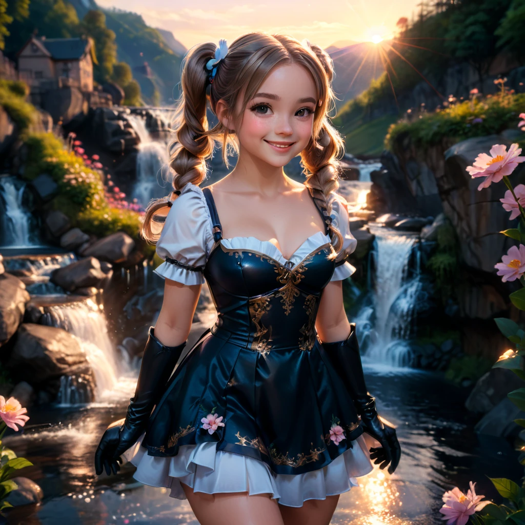 a lady,double pigtails,smile,dress,gloves,perfect ,standing,innocent,flower,waterfall,sunset,cinematic lighting,(masterpiece,8k,Professional,perfect composition,very aesthetic,absurdres,ultra-detailed,intricate details:1.4),perfect proportion
