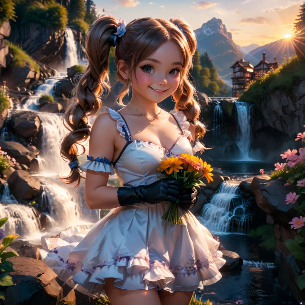 a lady,double pigtails,smile,dress,gloves,perfect ,standing,innocent,flower,waterfall,sunset,cinematic lighting,(masterpiece,8k,Professional,perfect composition,very aesthetic,absurdres,ultra-detailed,intricate details:1.4),perfect proportion