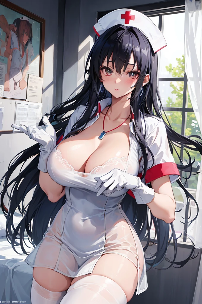 1 female character ;  Akeno Himejima (they are female protagonists of High School DxD), Highly detailed, (cowboy photo: 1.2), (Beautiful and detailed description of eyes), (beautiful and detailed face), perfect female body, cool figure, slim waist, (young), (20 years old), long hair, very big eyes, big breasts with gigantic cleavage, Colossal、blushing, shy, watery lips, dressed as a nurse, (Transparent nurse dresses), nurse hat, unbuttoned, (white gloves: 1.2), (white tights), high heels, necklace, earrings, indoors, school nurse, hospital bed, window, white curtains, sunlight, crouching, (best quality), (ultradetailed), (desktop), (high resolution), (original), (extremely detailed CG Unity 8K wallpapers).

