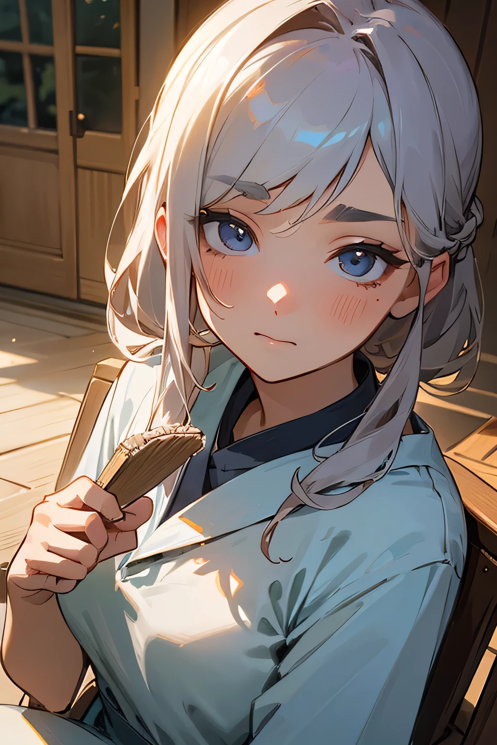 Highest quality、High resolution、Detailed Background、(Beautiful face in every detail:1.4)、Anatomically correct、Detailed facial expressions、(Detailed eyes)、Teenage beauty、(Highly detailed face:1.1)、Cute hair colour、Cute hairstyle、well-groomed eyebrows、Perfect body line、
A house at dusk、Sit on the porch、The breeze outside is pleasant、Feeling cool with a fan、The sound of a fan spinning、I can hear it through the screen door、Summer twilight time、Relax and unwind、sit on the veranda、Take a slow, deep breath、The light of the day is fading、A comfortable time、The breeze outside is pleasant、A breather、A relaxing evening、Enjoy a summer moment