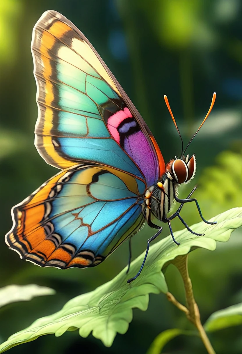 1 butterfly, colorful butterfly, beautiful butterfly, large eyes butterfly, intricate butterfly wings, butterfly in forest, lush green forest, sunlight filtering through leaves, dappled lighting, photorealistic, (best quality,4k,8k,highres,masterpiece:1.2),ultra-detailed,(realistic,photorealistic,photo-realistic:1.37),vibrant colors,dynamic composition