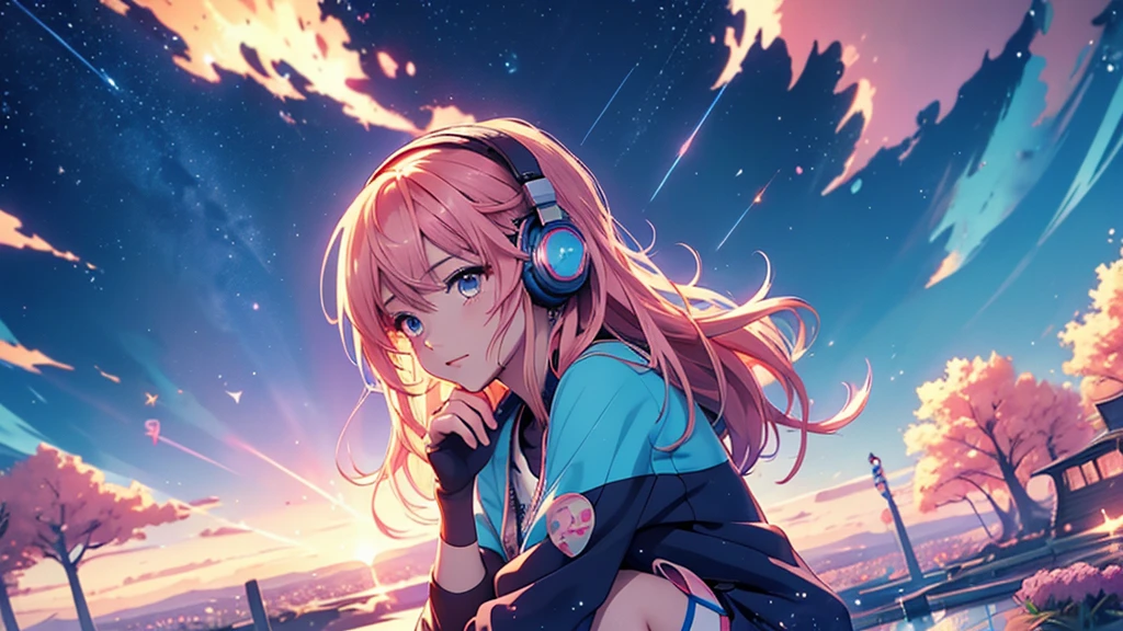 Woman wearing headphones, Anime Style 4 k, anime wallpaper 4k, anime wallpaper 4k, 4k anime wallpaper, anime art wallpaper 4k, anime art wallpaper 4k, Anime Style. 8K, Anime atmosphere, , Ultra HD Anime Wallpaper, Anime Art Wallpaper 8K, Anime Background,landscape、summer、Starry Sky