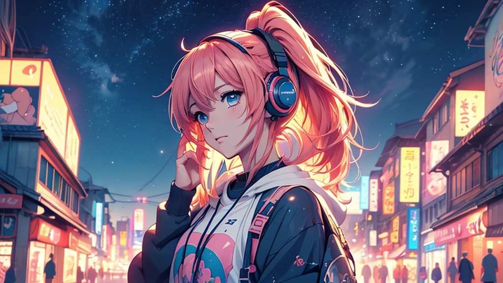 Woman wearing headphones, Anime Style 4 k, anime wallpaper 4k, anime wallpaper 4k, 4k anime wallpaper, anime art wallpaper 4k, anime art wallpaper 4k, Anime Style. 8K, Anime atmosphere, , Ultra HD Anime Wallpaper, Anime Art Wallpaper 8K, Anime Background,landscape、summer、Starry Sky