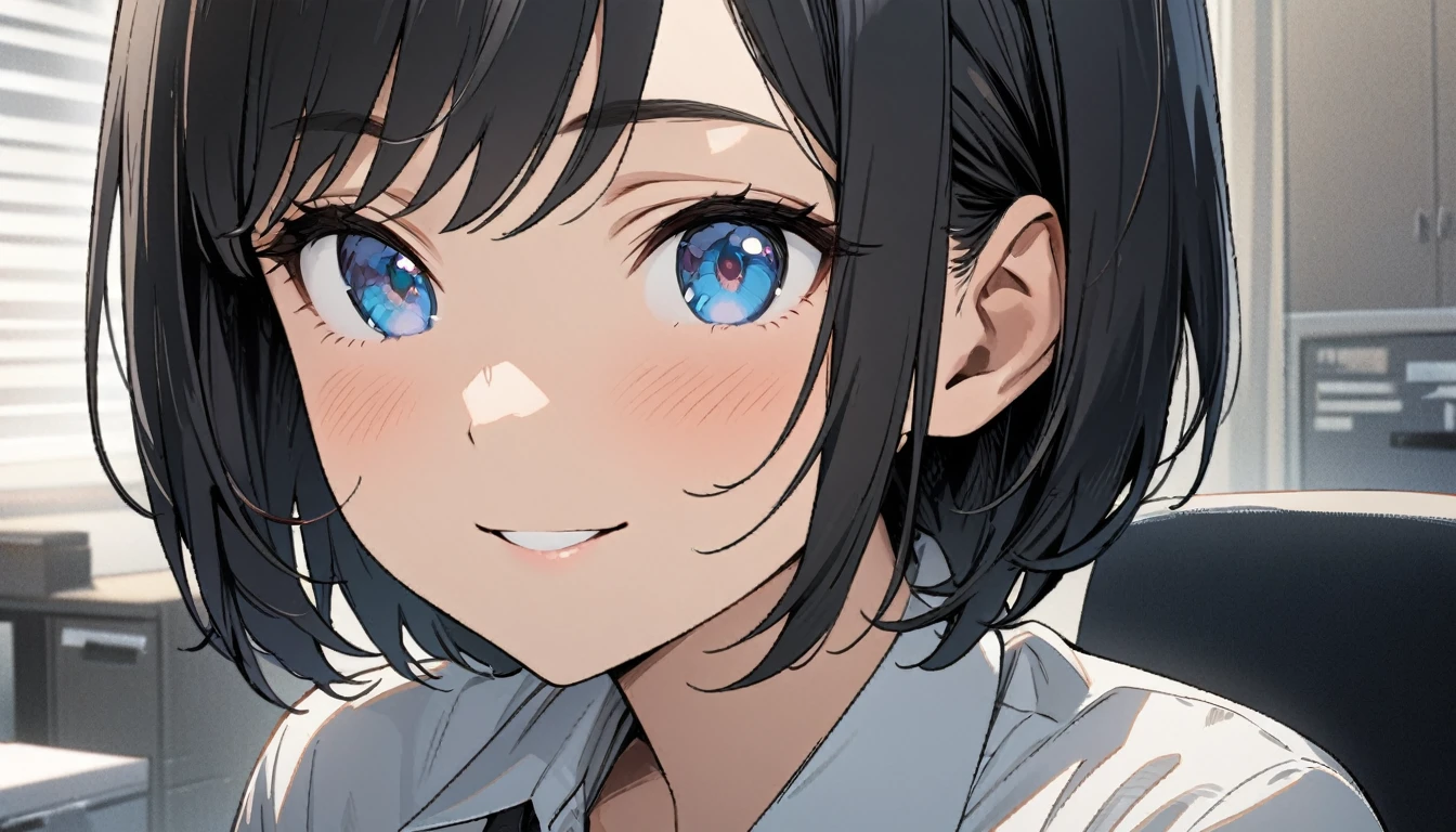 1girl, solo, gentle smile on her face flat chest, short hair, blue eyes, (detailed eyes), black hair, upper body, ((masterpiece, illustration, best quality)) ((best quality)), ((masterpiece)), (detailed), perfect face, Office lady, black hair, short hair, office suit, ultra high resolution, ultra high details