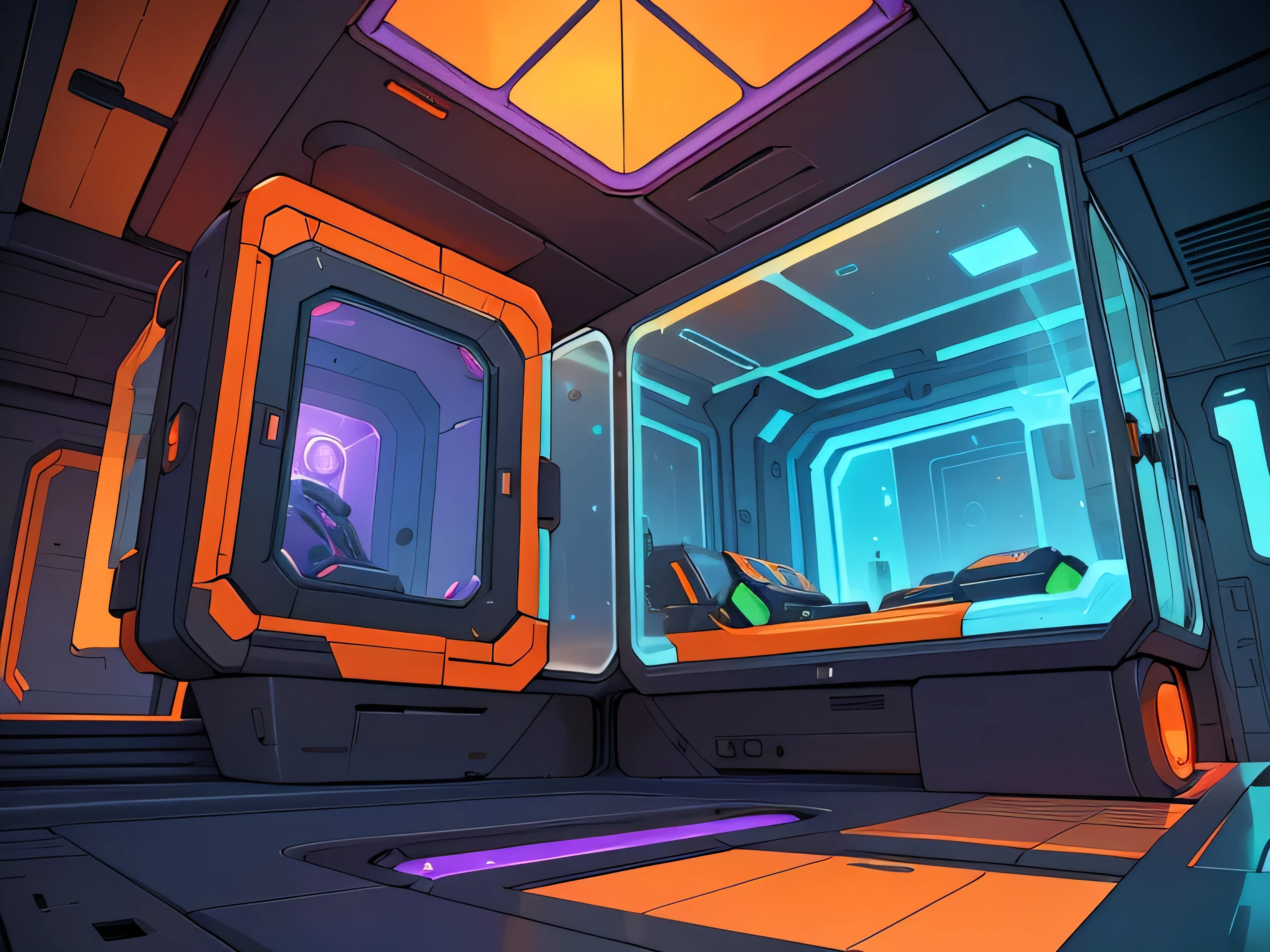a small round transport capsule slides into a large cube-shaped capsule chamber with magnetic tracks and
icy glass capsules, moving and sliding around each other like engine pistons in coordinated
unison and color-coded outlets (blue, red, green, yellow, orange, purple) around the interior walls.