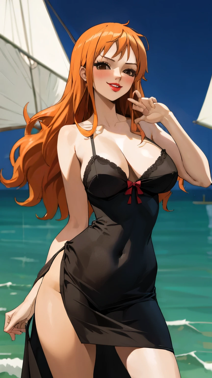masterpiece, best quality, ultra-detailed, 1girl (namiop, Big and pretty breasts, , dark skin, blonde hair, long hair, brown eyes), a seductive face, smirk, parted lips, mascara, full makeup, red lipstick, solo, black dress, long dress, cleavage, bows, wanostyle, night time, sea,ship,  standing,  Sexy waist teasing,  a provocative pose,  