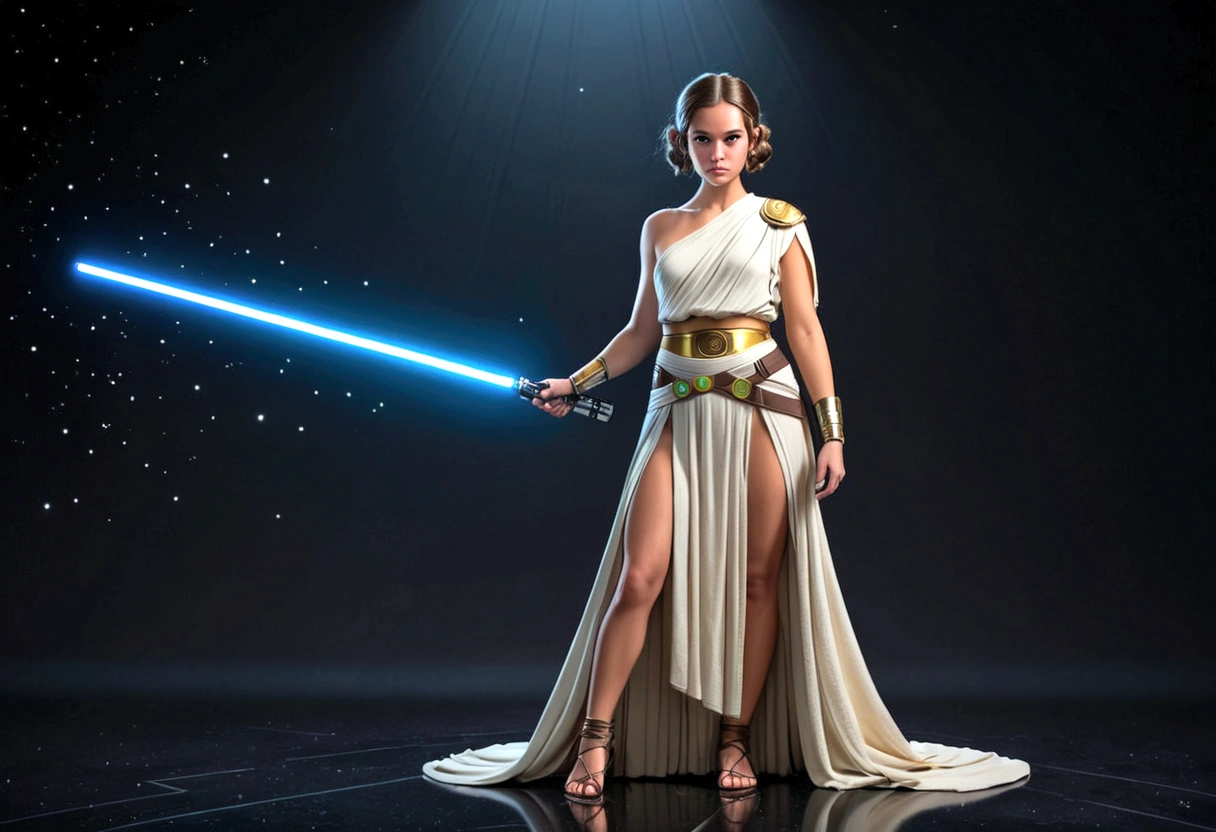 a single model woman bunette, huge and wide hips, tiny clothe thin toga greek, using jedi lightsaber in hand, full view standing from head to toes, dark background stars space