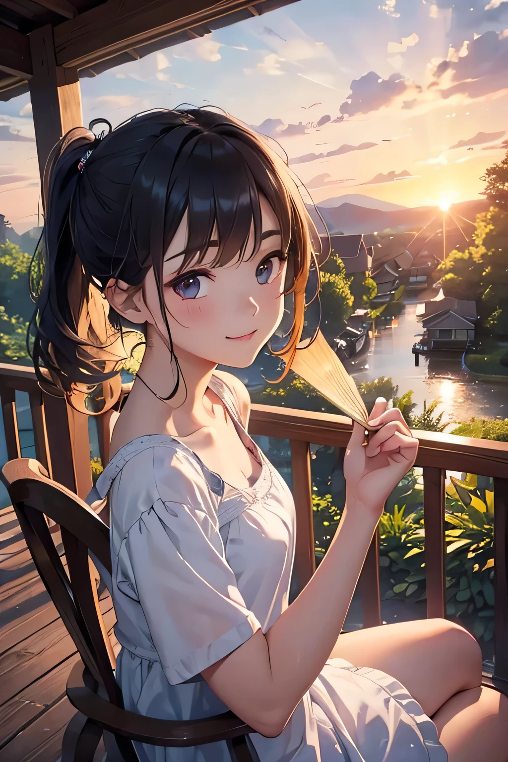 Highest quality、High resolution、Detailed Background、(Beautiful face in every detail:1.2)、Anatomically correct、Detailed facial expressions、Teenage beauty、(Highly detailed face:1.1)、Cute hair colour、Cute hairstyle、well-groomed eyebrows、Perfect body line、Smiling、
A house at dusk、Sit on the porch、The breeze outside is pleasant、Feeling cool with a fan、The sound of a fan spinning、I can hear it through the screen door、Summer twilight time、Relax and unwind、sit on the veranda、Take a slow, deep breath、The light of the day is fading、A comfortable time、The breeze outside is pleasant、A breather、A relaxing evening、Enjoy a summer moment