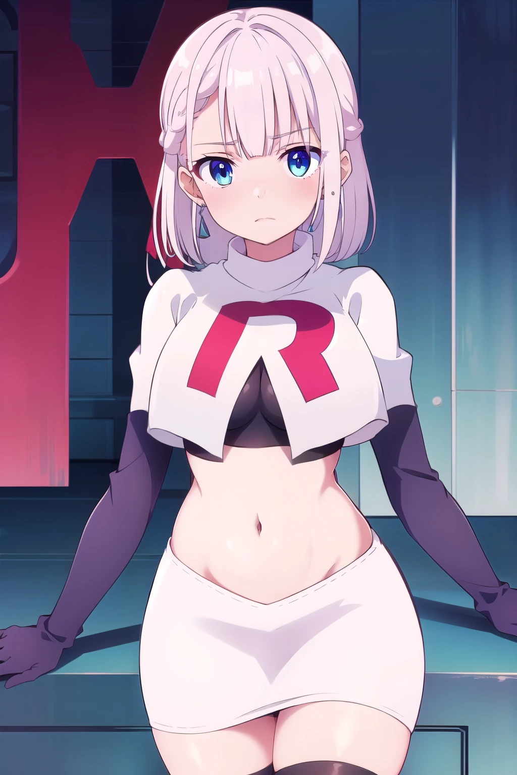 riselia,1girl,solo,braid,earrings,looking at viewer,blue eyes,bangs,ribbon,red ribbon,braided bangs,blush,team rocket,team rocket uniform,white skirt,red letter R,crop top,black thigh-highs,black elbow gloves