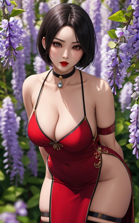 (masterpiece, best quality:1.4), insaneres, absurdres, solo, looking at viewer,BREAK 
ChineeseDress_ResidentEvil4Remake_AdaWong_ownwaifu,
1girl, asian, black hair, short hair, brown eyes, breasts,  makeup, red lips, lips, nose, medium breasts, choker, black choker, jewelry, 
cleavage, dress, red dress, china dress, chinese clothes, long dress, side slit, backless dress, bare shoulders, holster, thigh strap, thigh holster, 
(leaning forward, arms behind back), cowboy shot, garden, wisteria, outdoors, depth of field