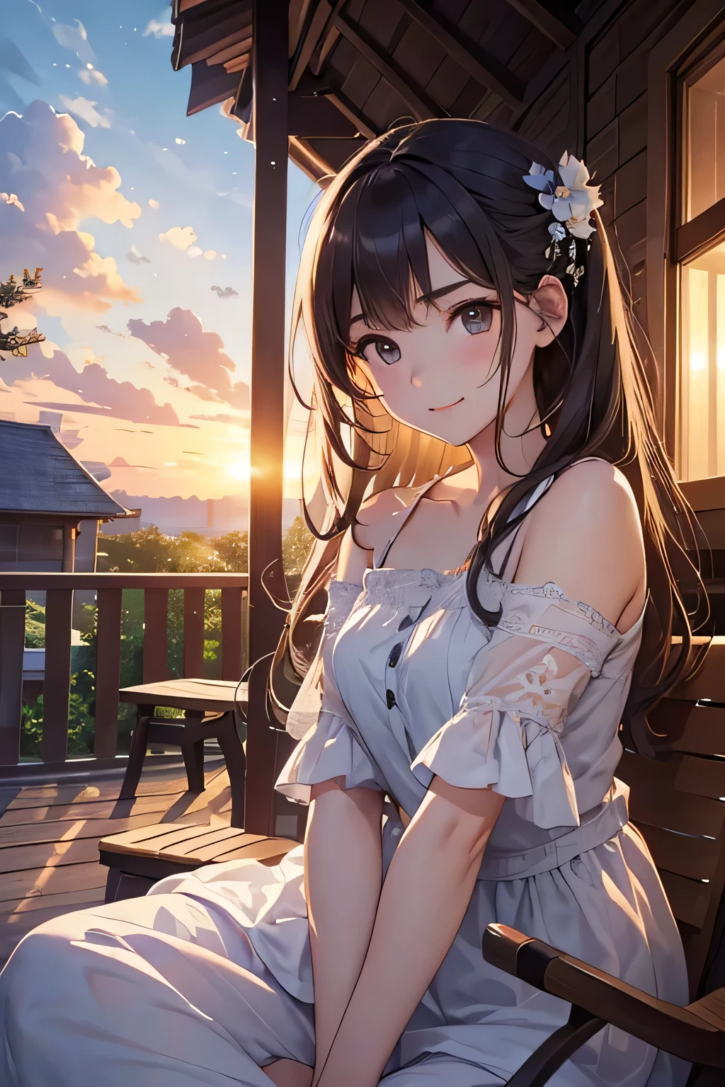 Highest quality、High resolution、Detailed Background、(Beautiful face in every detail:1.2)、Anatomically correct、Detailed facial expressions、age beauty、(Highly detailed face:1.1)、Cute hair colour、Cute hairstyle、well-groomed eyebrows、Perfect body line、Smiling、
A house at dusk、Sit on the porch、The breeze outside is pleasant、Feeling cool with a fan、The sound of a fan spinning、I can hear it through the screen door、Summer twilight time、Relax and unwind、sit on the veranda、Take a slow, deep breath、The light of the day is fading、A comfortable time、The breeze outside is pleasant、A breather、A relaxing evening、Enjoy a summer moment