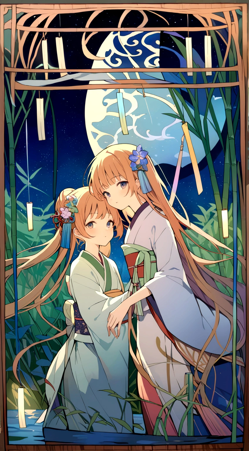 a detailed detailed intricately decorated wooden frame, a wooden frame with wind chimes hanging, background of starry night sky and river, ((Mucha style)), Tanabata, Orihime and Hikoboshi, kimono-style clothing, bamboo grass, night