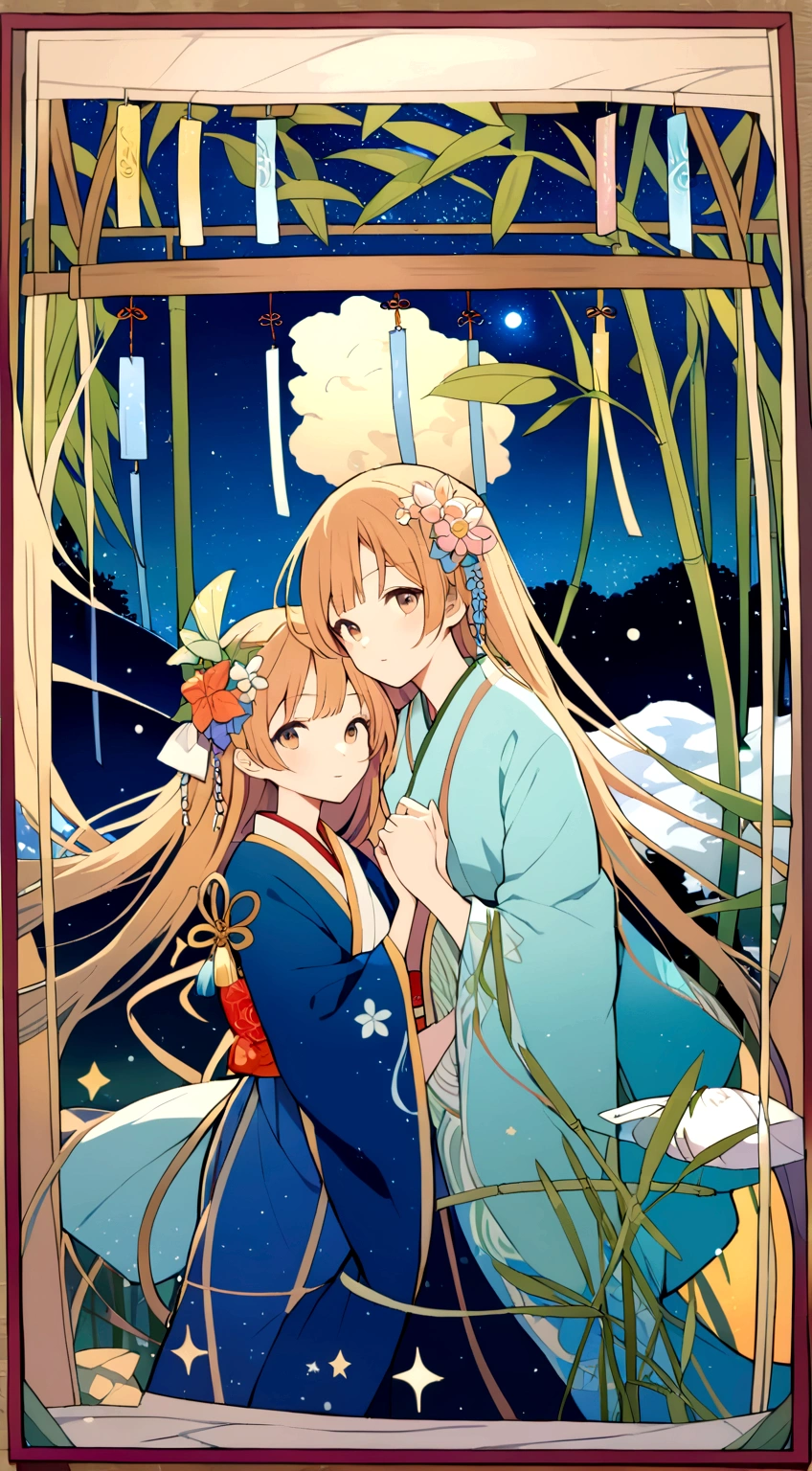 a detailed detailed intricately decorated wooden frame, a wooden frame with wind chimes hanging, background of starry night sky and river, ((Mucha style)), Tanabata, Orihime and Hikoboshi, kimono-style clothing, bamboo grass, night