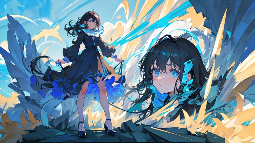 4k ultra high quality, human woman, sharp blue eyes, round face, small slightly upturned nose, curious expression, very long curly blue-black hair, wearing modest blue dress, black high heel shoes, standing