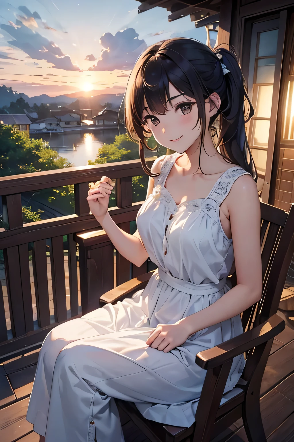 Highest quality、High resolution、Detailed Background、(Beautiful face in every detail:1.2)、Anatomically correct、Detailed facial expressions、Teenage beauty、(Highly detailed face:1.1)、Cute hair colour、Cute hairstyle、well-groomed eyebrows、Perfect body line、Smiling、
A house at dusk、Sit on the porch、The breeze outside is pleasant、Feeling cool with a fan、The sound of a fan spinning、I can hear it through the screen door、Summer twilight time、Relax and unwind、sit on the veranda、Take a slow, deep breath、The light of the day is fading、A comfortable time、The breeze outside is pleasant、A breather、A relaxing evening、Enjoy a summer moment