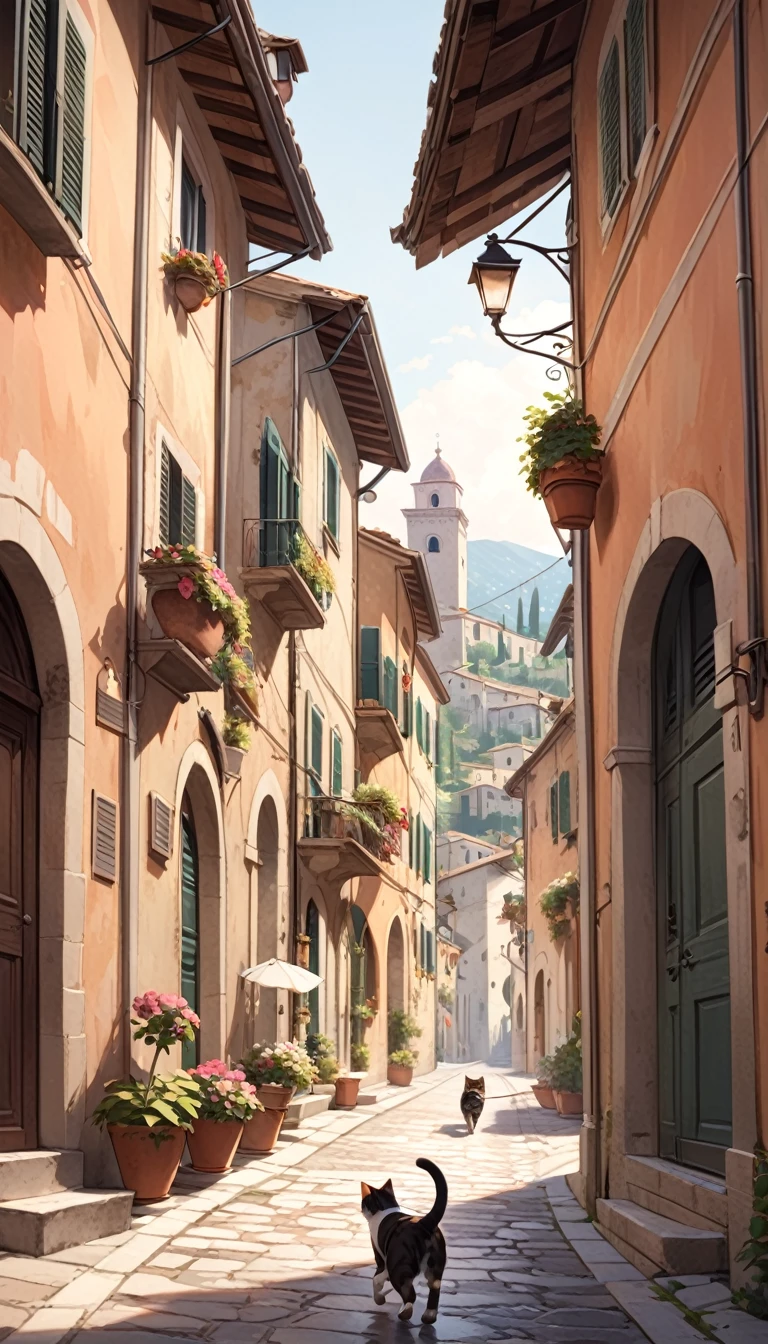 a cat runs through the streets of a typical charming Italian town