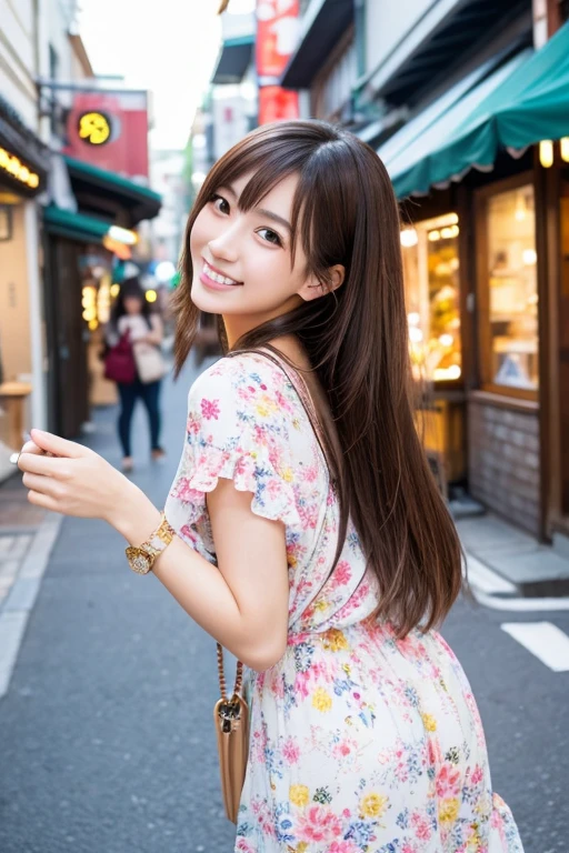 A beautiful Japanese woman in her early 20s with long, straight, dark brown hair and bright, lively eyes. She has a sweet smile and a fresh, youthful appearance. She is dressed in a trendy, youthful outfit and is posed in a cheerful, lively setting, possibly with a touch of nature. The lighting is bright and cheerful, highlighting her energetic and joyful personality.