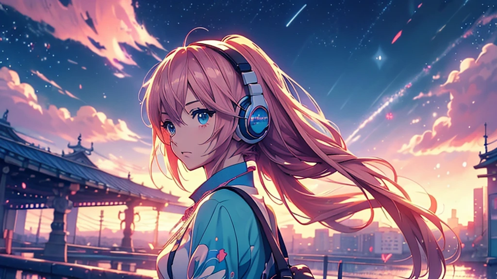 Woman wearing headphones, Anime Style 4 k, anime wallpaper 4k, anime wallpaper 4k, 4k anime wallpaper, anime art wallpaper 4k, anime art wallpaper 4k, Anime Style. 8K, Anime atmosphere, , Ultra HD Anime Wallpaper, Anime Art Wallpaper 8K, Anime Background,landscape、summer、Starry Sky