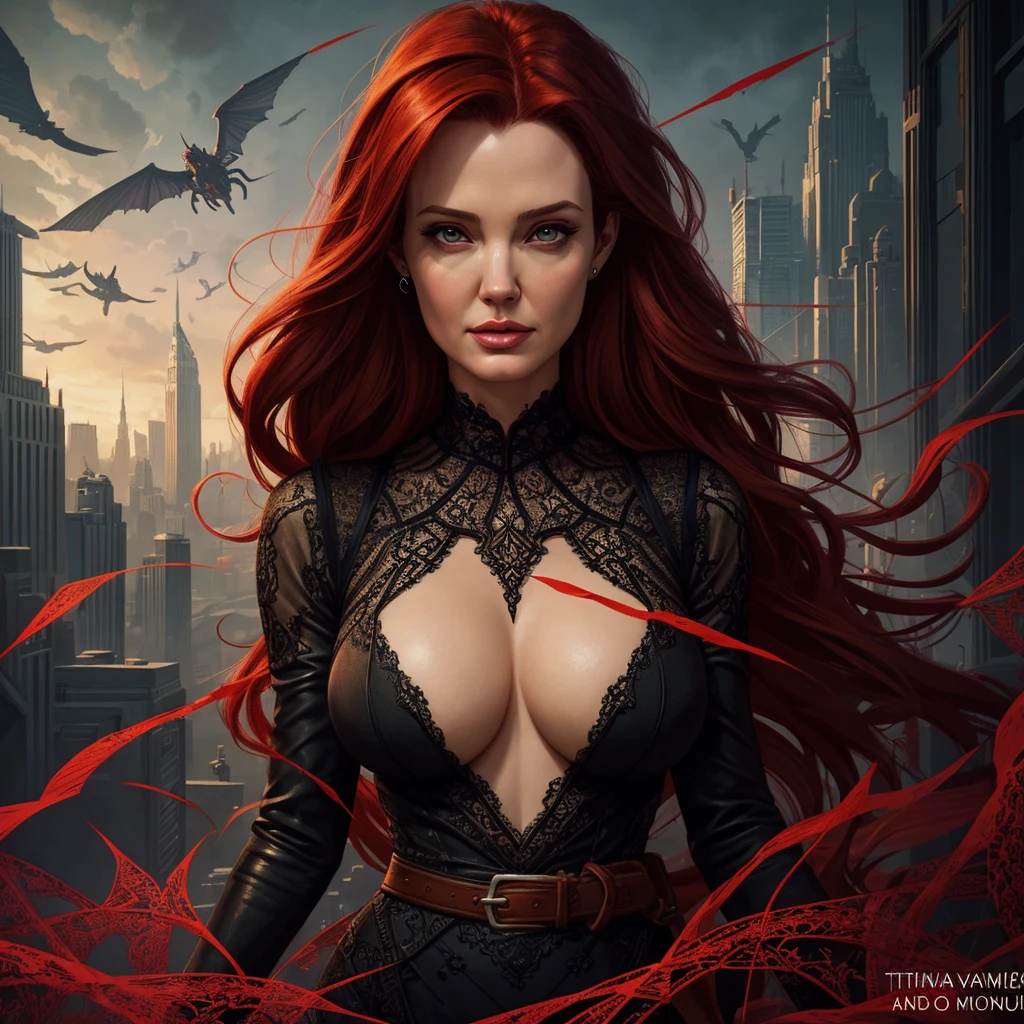 book cover asteroid armaggeddon, , full body of a woman with a stupid face of Winona Ryder morphed with Angelina Jolie with red hair and a city skyline, spider web lace, cracked glass canvas decoration, delight face, extremely laughing, the most gigantic , fantasy extremely long hair in the wind, huge moo in the backround,  dan mumford tom bagshaw, in style of digital illustration, a beautiful artwork illustration, stunning digital illustration, stylized urban fantasy artwork, detailed matte fantasy portrait, epic portrait illustration, anna dittman, exquisite digital illustration, martin ansin artwork portrait, in style of dark fantasy art, red haired goddess