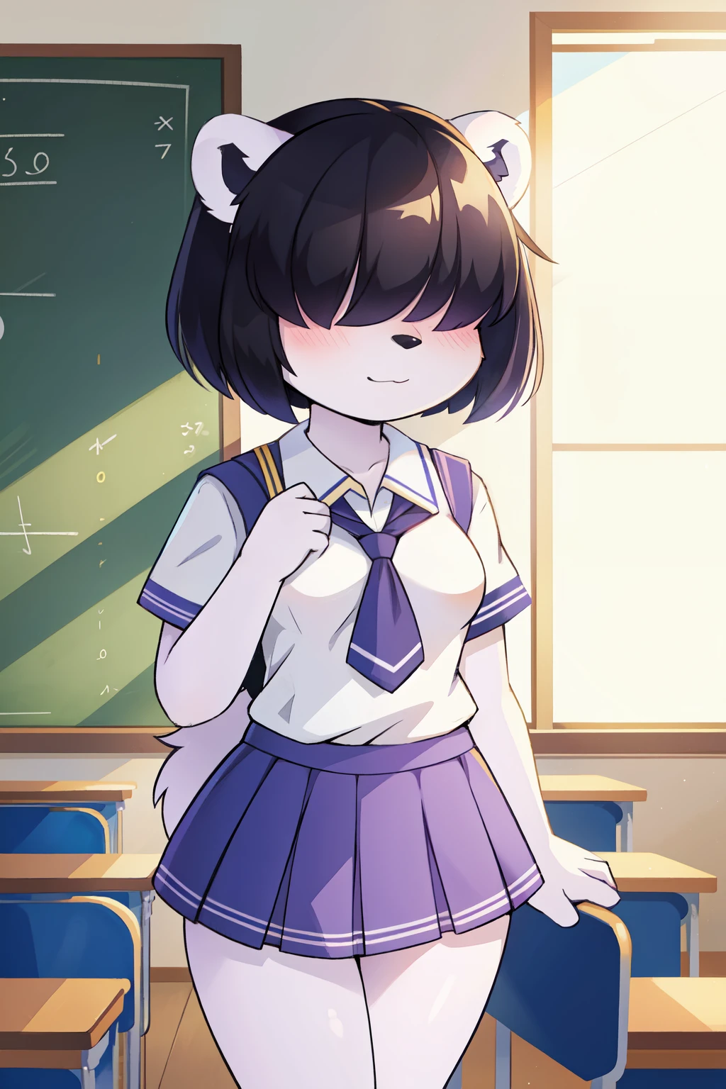 score_9,score_8_up,score_7_up, source_cartoon, source_furry, polar bear girl, female, (solo), fluffy hair, ((hair over eyes)), black hair, short hair, twintail hair, ((fluffy body)), polar bear tail, black polar bear ears, medium breasts, ((school uniform, school sailor shirt, lilac skirt)), classroom, uperbody,